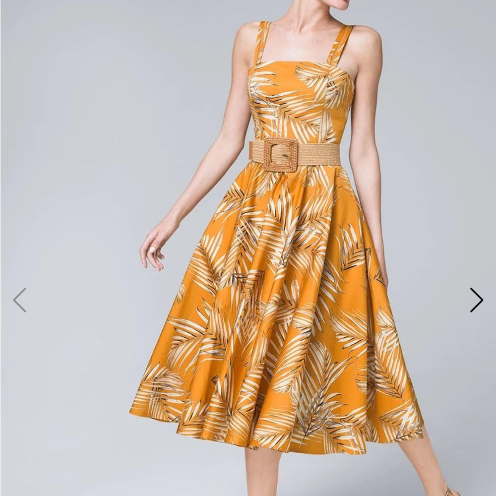 Tropical print, White House, black market fit, and flare dress